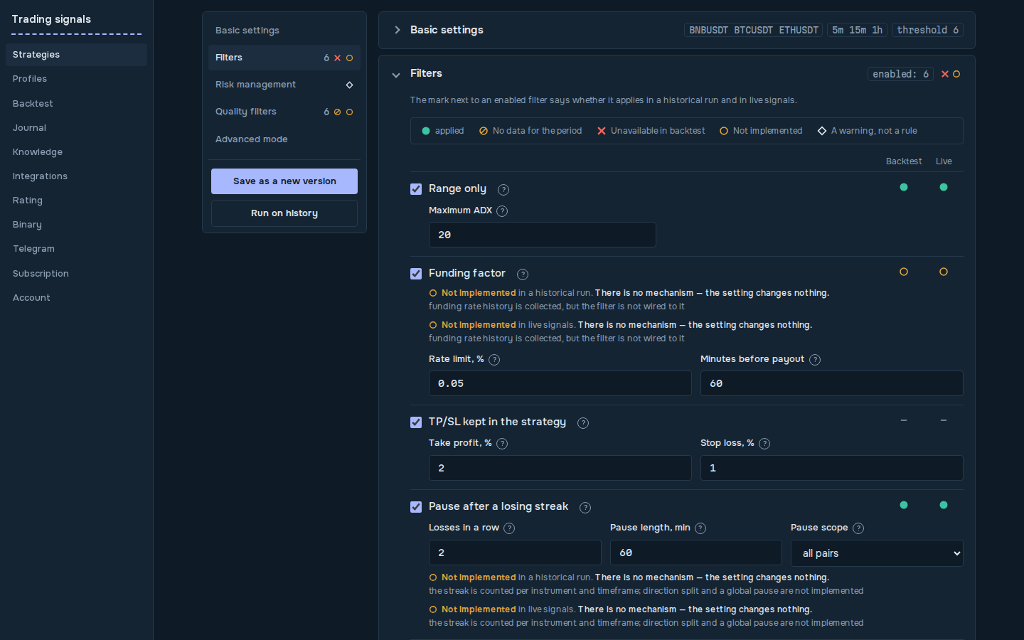 Strategy editor with collapsible sections and filter applicability marks